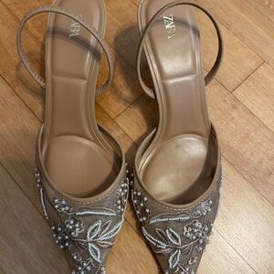 Zara Nude Beaded Pointed Slingback Heels